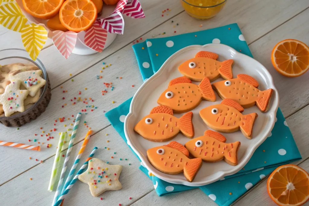 A platter of orange fish cookies decorated with icing, surrounded by orange slices, sprinkles, and colorful napkins.