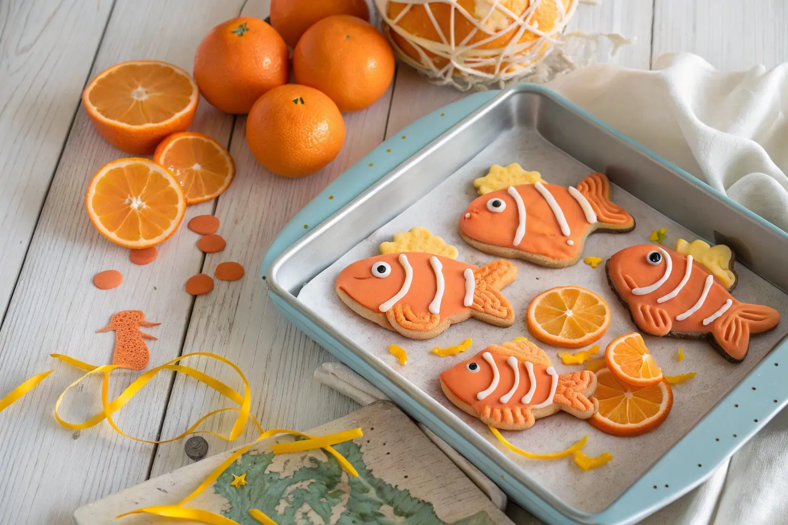 A tray of orange fish cookies decorated with royal icing and surrounded by fresh oranges and zest.