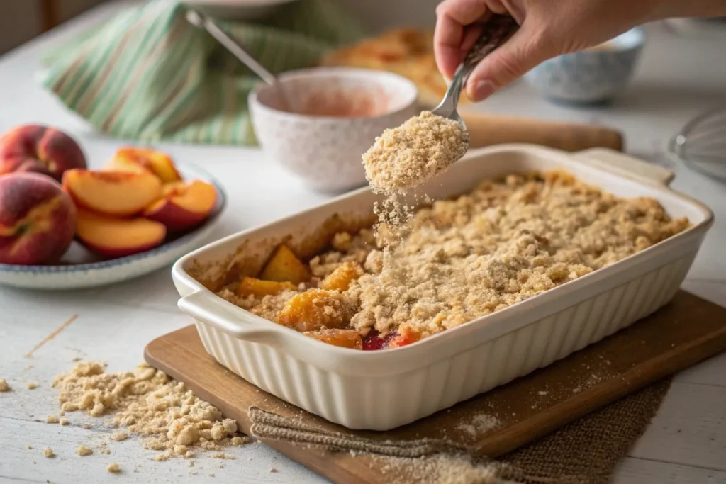 Close-up of a baker spreading crumb topping over peach slices in a baking dish.