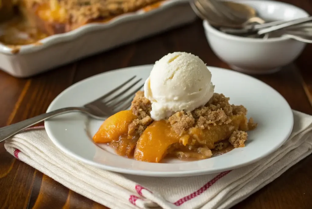 A slice of warm peach crumble on a white plate, topped with melting vanilla ice cream, with a fork and napkin nearby for serving.