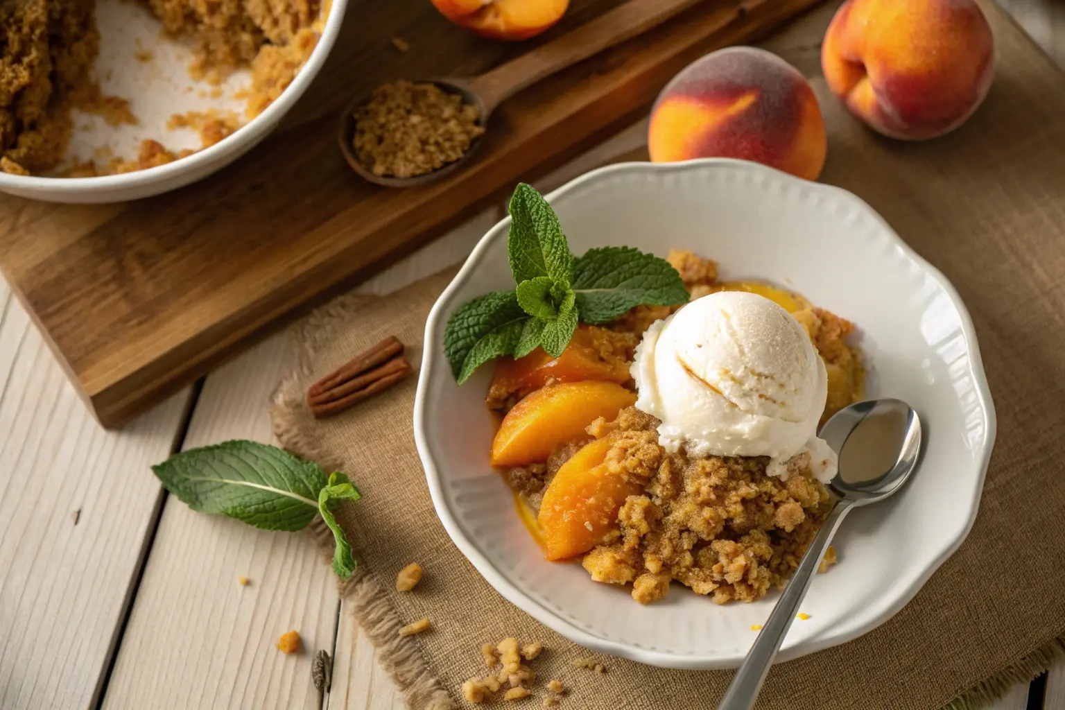 Overhead view of a serving of peach crumble with a golden-brown topping, garnished with a sprig of mint and a scoop of vanilla ice cream on a rustic wooden table.