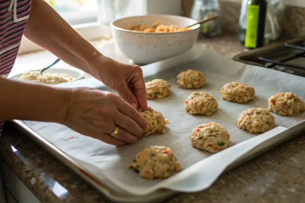 Hands shaping crab cakes on a parchment-lined baking sheet with a bowl of crab cake mixture nearby.