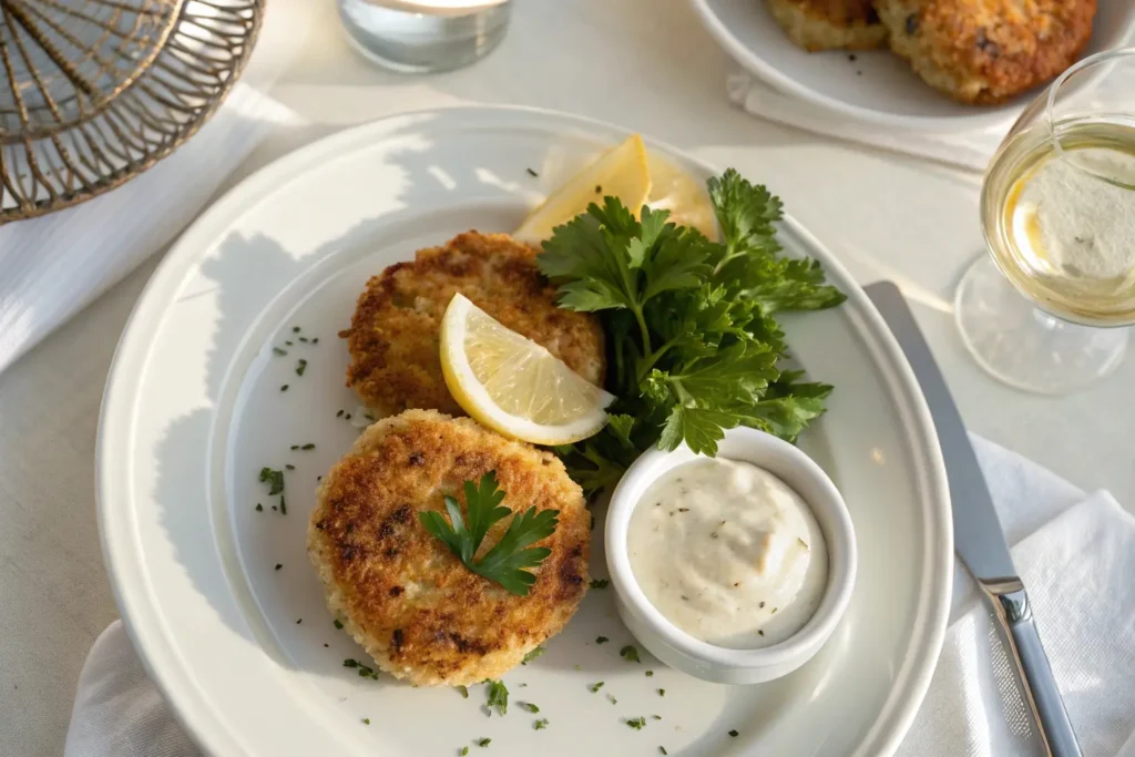 Crispy golden crab cakes served on a white ceramic plate with tartar sauce, garnished with parsley and lemon.