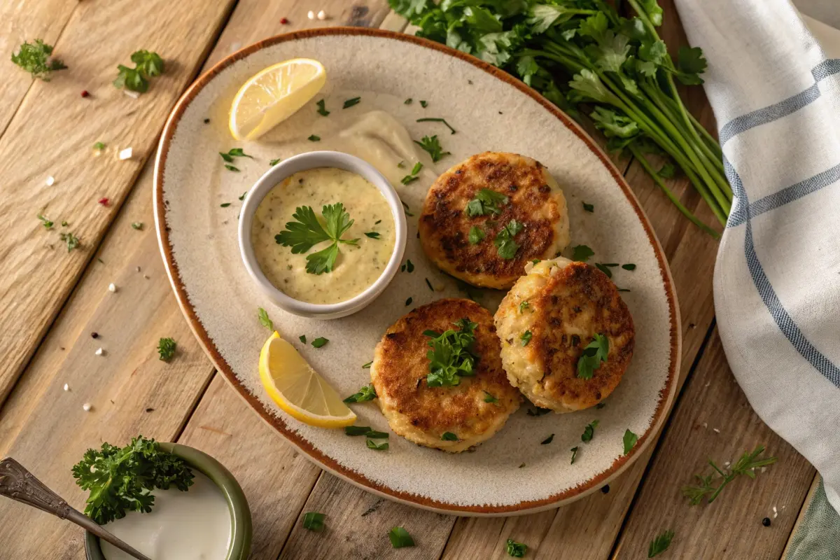 Golden-brown crab cakes garnished with fresh parsley and a lemon wedge, served with dipping sauce on a rustic plate.