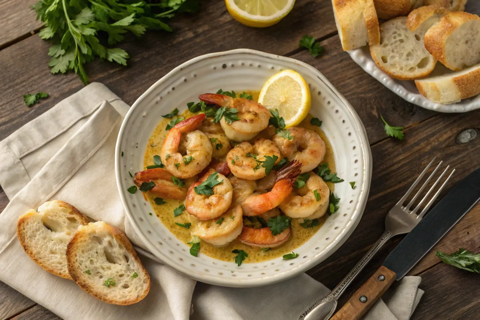 Plate of shrimp with garlic sauce, garnished with fresh parsley and served with lemon wedges and crusty bread.