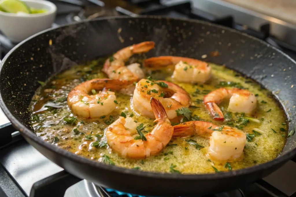 Shrimp cooking in a skillet with garlic butter sauce, garnished with fresh herbs.