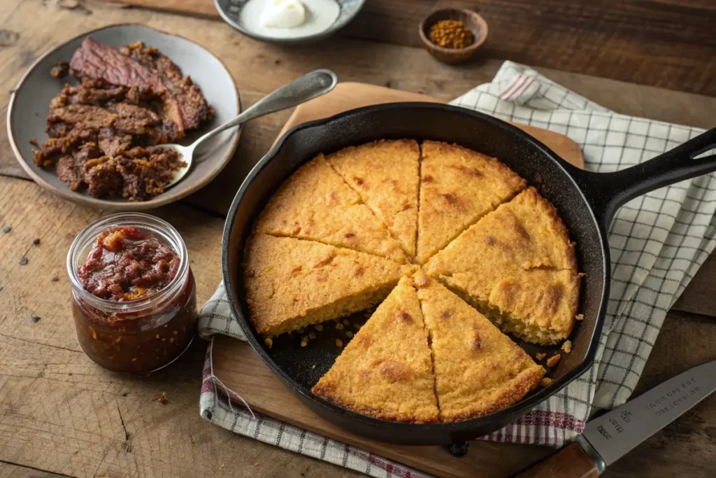 Golden-brown Southern cornbread in a skillet with a crispy crust, sliced and ready to serve, with a jar of beef tallow beside it.