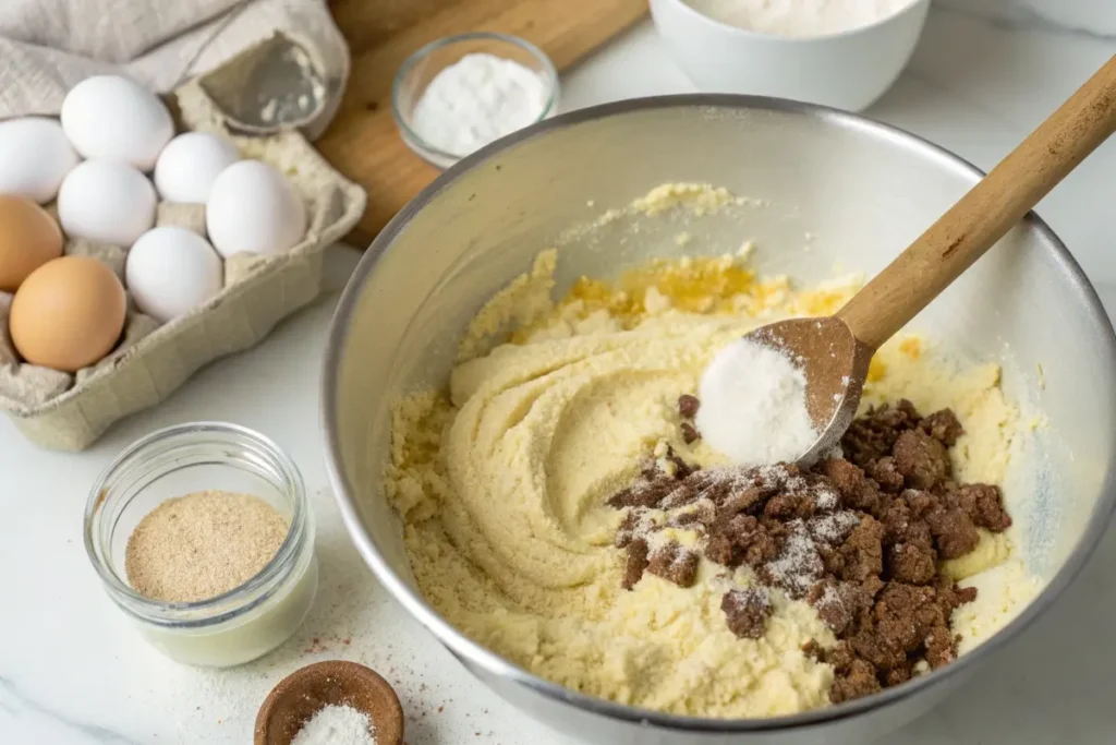 A mixing bowl with cornmeal, buttermilk, and beef tallow being stirred with a wooden spoon on a bright kitchen counter.