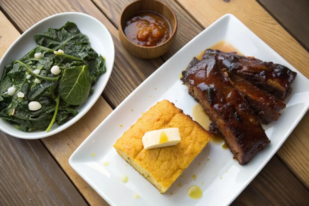 A slice of cornbread topped with butter and honey, served with a side of collard greens and BBQ ribs on a wooden dining table.