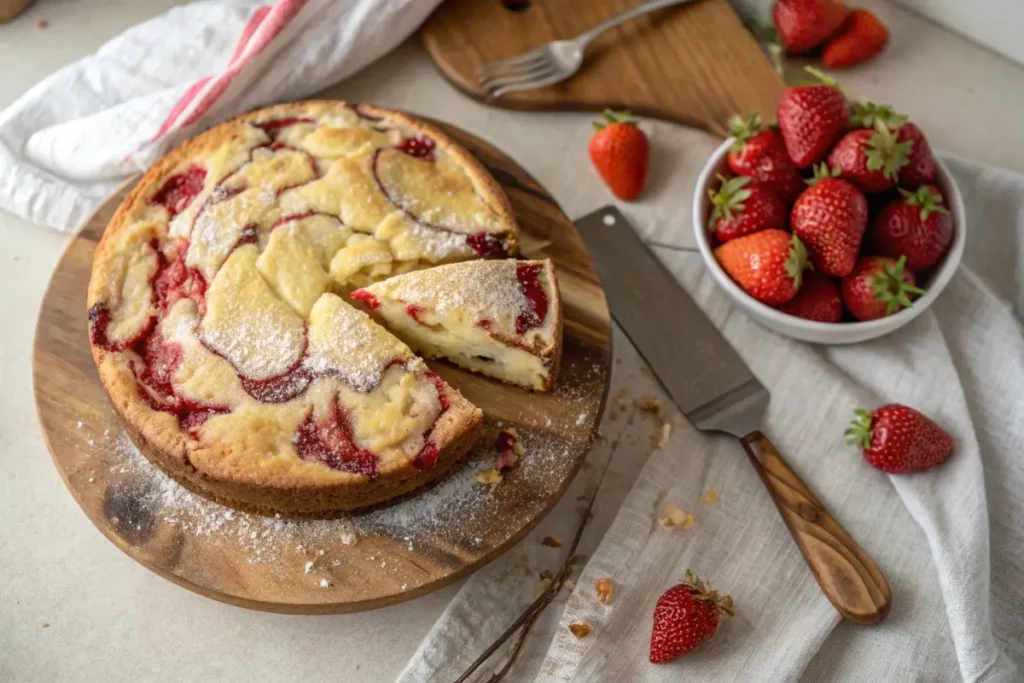 A freshly baked strawberry earthquake cake with a cream cheese swirl, served on a wooden board with fresh strawberries.