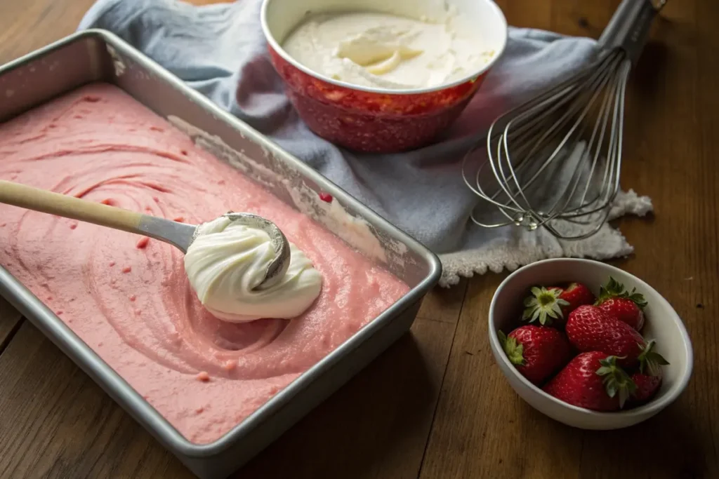 A baking pan with strawberry cake batter and a spoon swirling in a creamy cheesecake mixture.