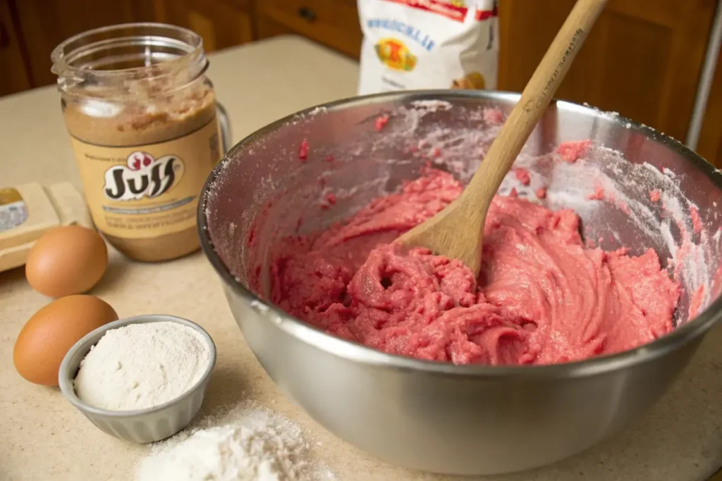 A mixing bowl filled with strawberry cake batter, with a wooden spoon stirring it.