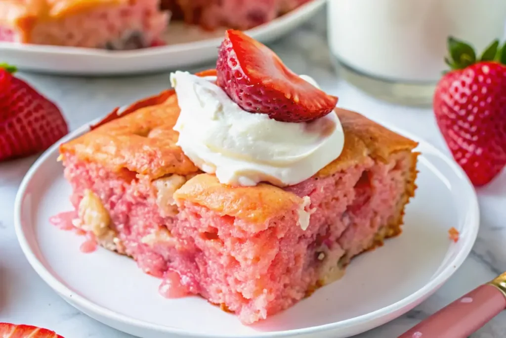 A sliced strawberry earthquake cake showing its creamy layers, with a fork cutting into it.