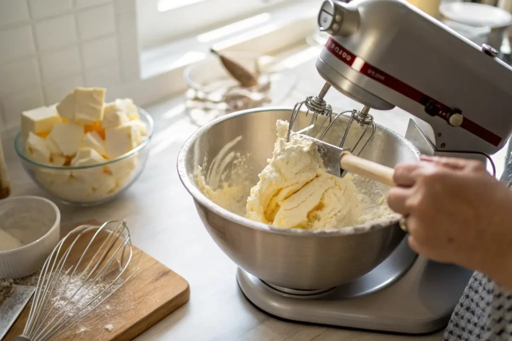 Stand mixer creaming butter and sugar with a spatula scraping the bowl.