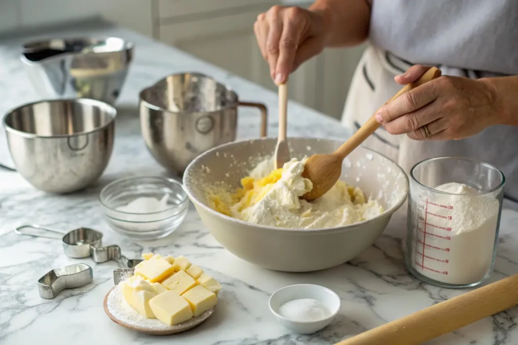 Manual creaming of butter and sugar with a wooden spoon for cookies.