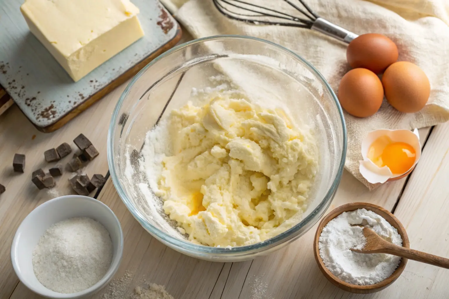 Mixing bowl with butter and sugar creamed to a fluffy consistency for cookies.