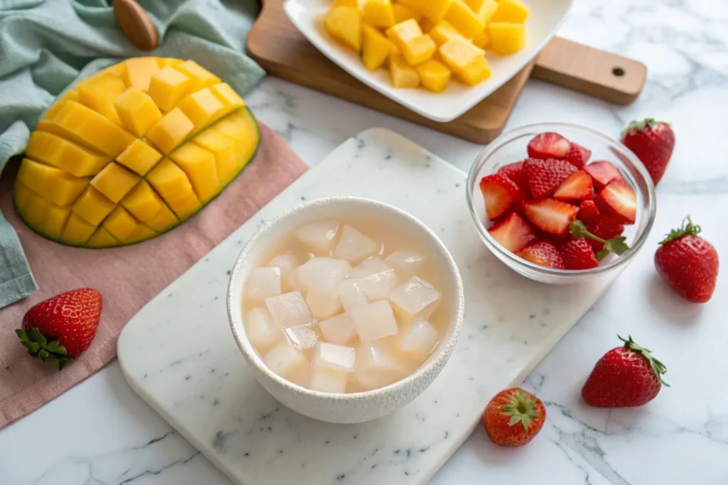 Ingredients for making nata de coco pudding, including nata de coco cubes, coconut milk, gelatin, and fresh fruit.