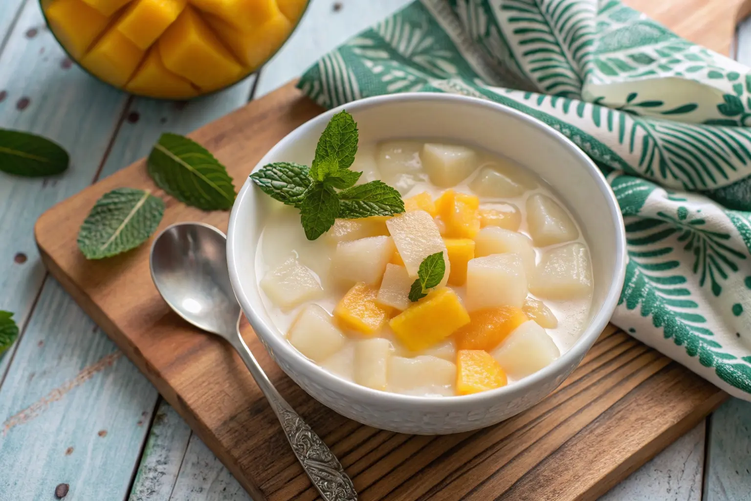 Tropical nata de coco pudding garnished with mint and mango on a wooden table.