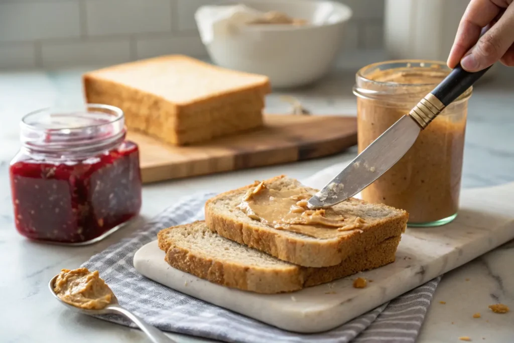 A butter knife spreading peanut butter on multigrain bread, with jelly and bread slices nearby.
