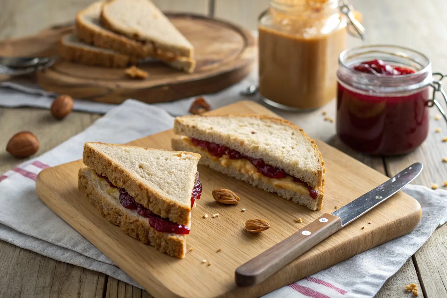 Classic peanut butter and jelly sandwich on whole wheat bread with jars of peanut butter and jelly nearby.