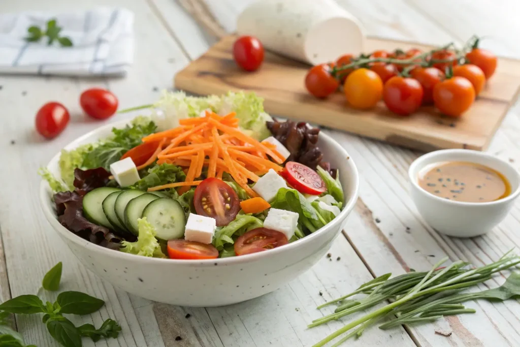 A fresh salad with mixed greens, tomatoes, carrots, cucumbers, and nata de coco cubes, topped with sesame dressing.