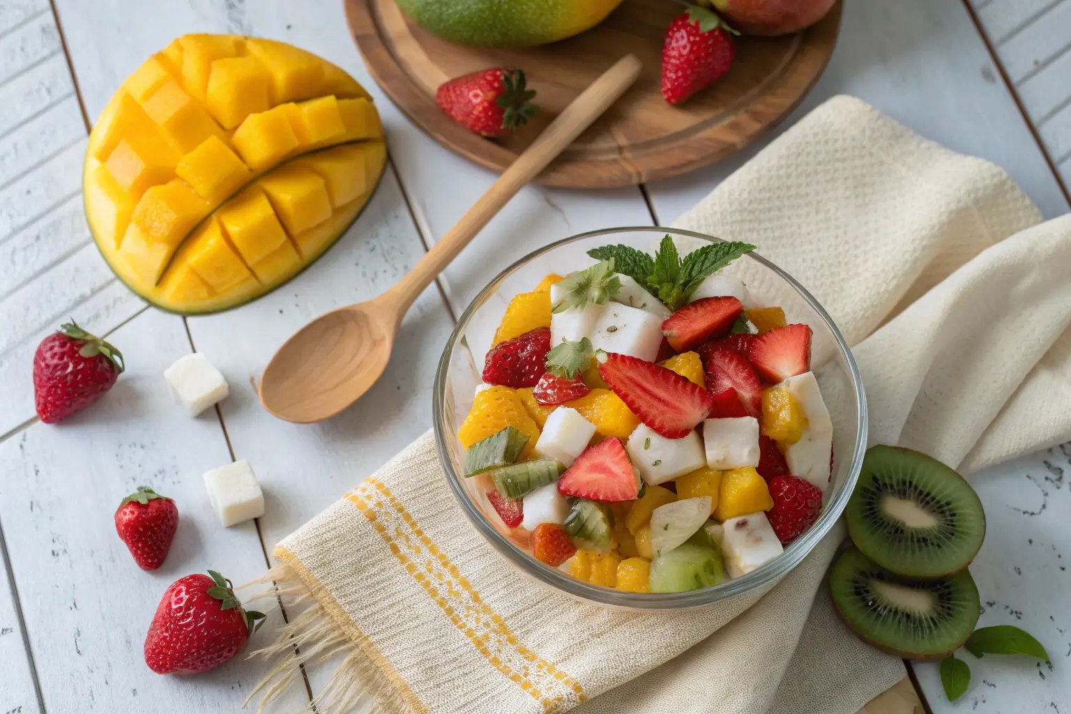 A colorful fruit salad with nata de coco cubes, mangoes, strawberries, and kiwis served in a glass bowl on a rustic table.