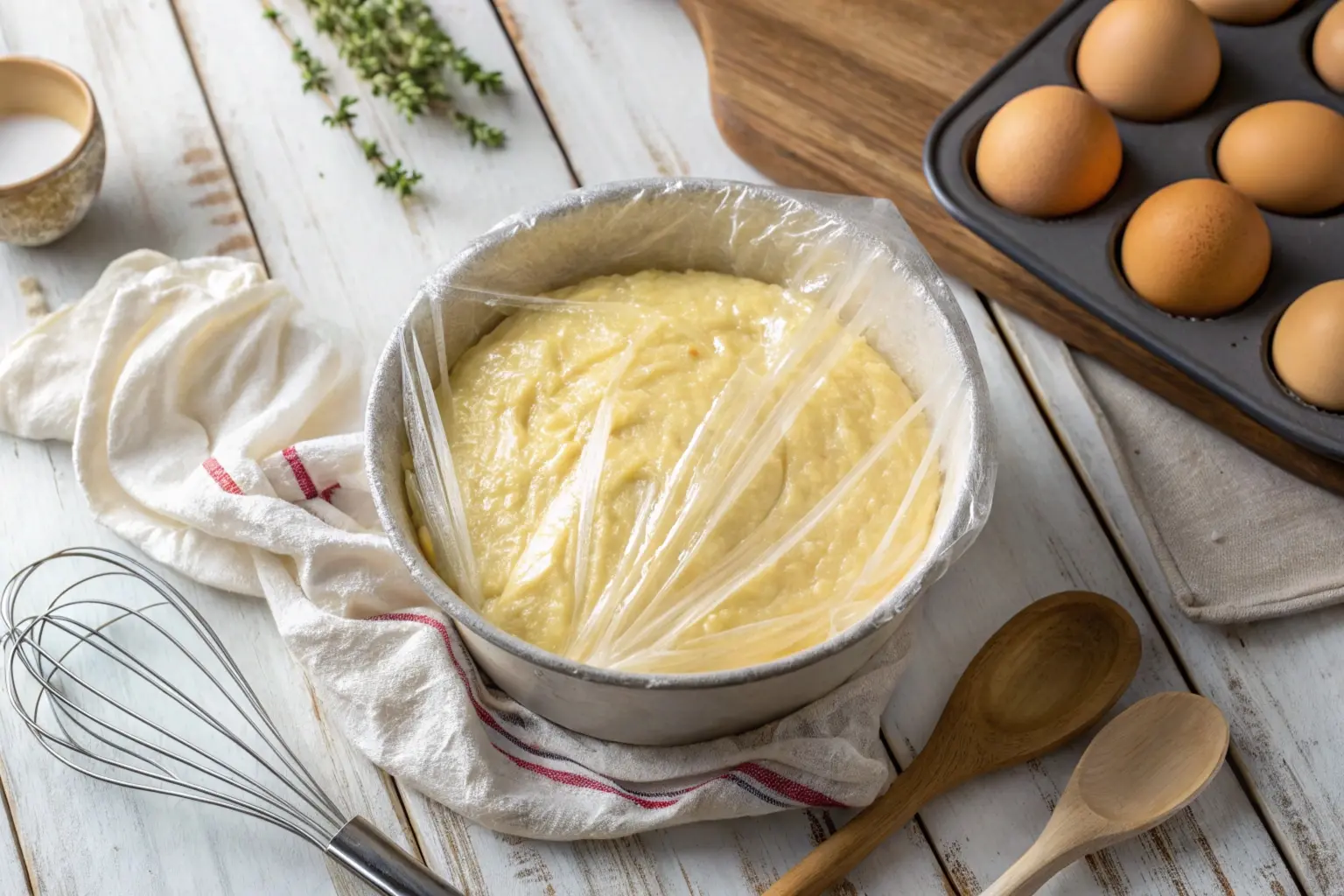 Bowl of chilled Madeleine batter covered with plastic wrap, ready for baking.