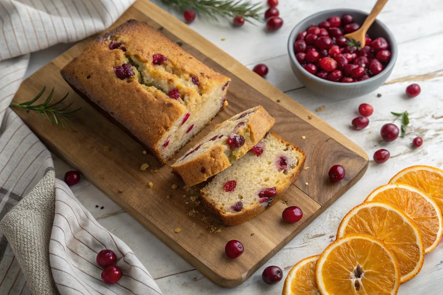 A loaf of cranberry bread sliced to reveal moist crumbs and fresh cranberries, surrounded by orange zest and cranberries.