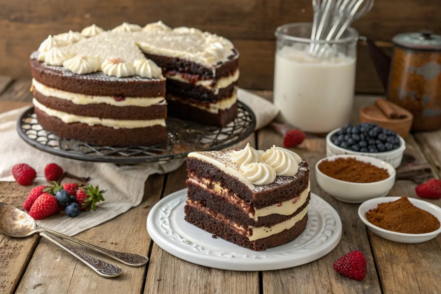 A beautifully layered Robert Redford cake with chocolate cake, creamy pudding, and whipped topping, sliced to reveal its layers, placed on a rustic table with fresh berries and baking tools in the background.