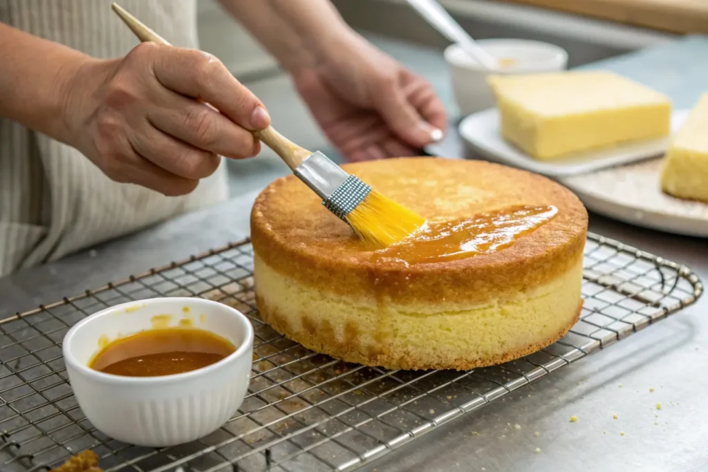 A baker brushing golden syrup onto a sponge cake layer using a pastry brush, with a small bowl of syrup nearby and baking tools in the background.