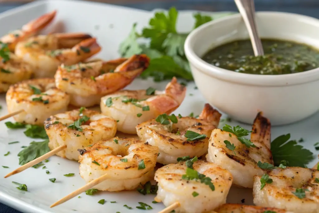 Grilled shrimp skewers arranged on a platter, garnished with fresh parsley and served with a small bowl of garlic dipping sauce, showcasing lightly charred shrimp.
