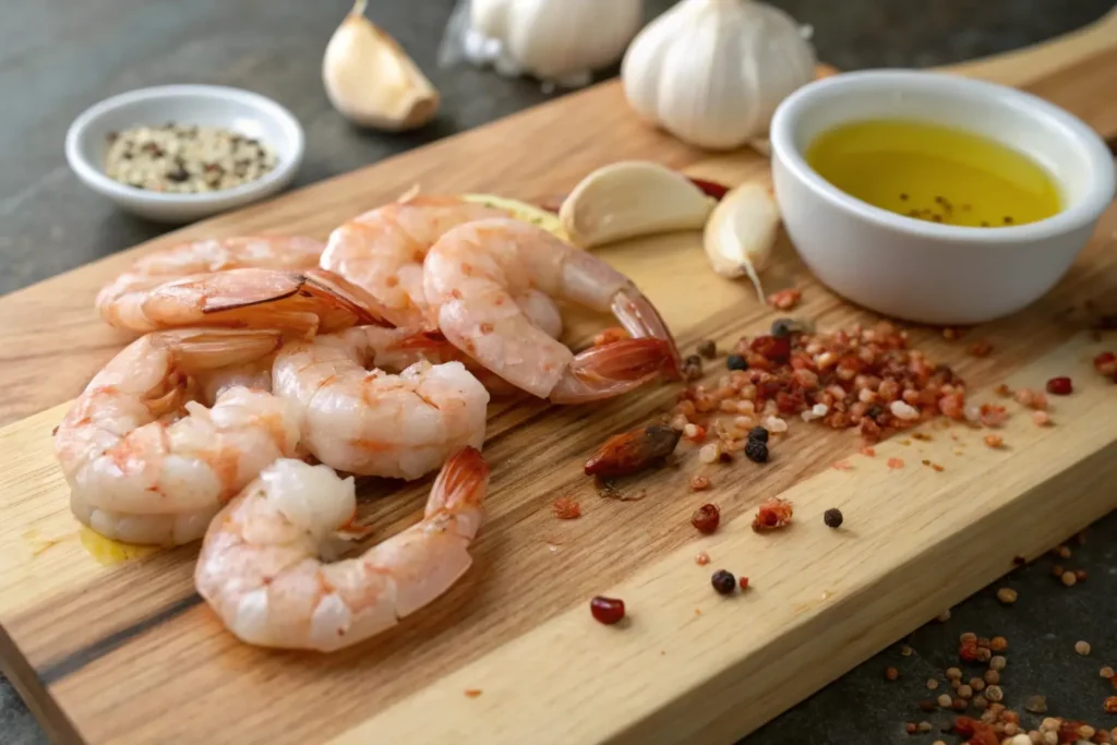 Raw shrimp being cleaned and deveined on a wooden cutting board, surrounded by fresh garlic cloves, chili flakes, and a bowl of olive oil.