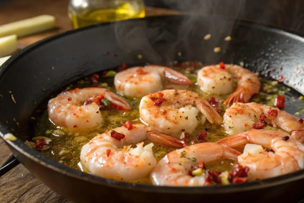 Shrimp sizzling in a skillet filled with golden olive oil and garlic slices, topped with chili flakes and releasing aromatic steam.
