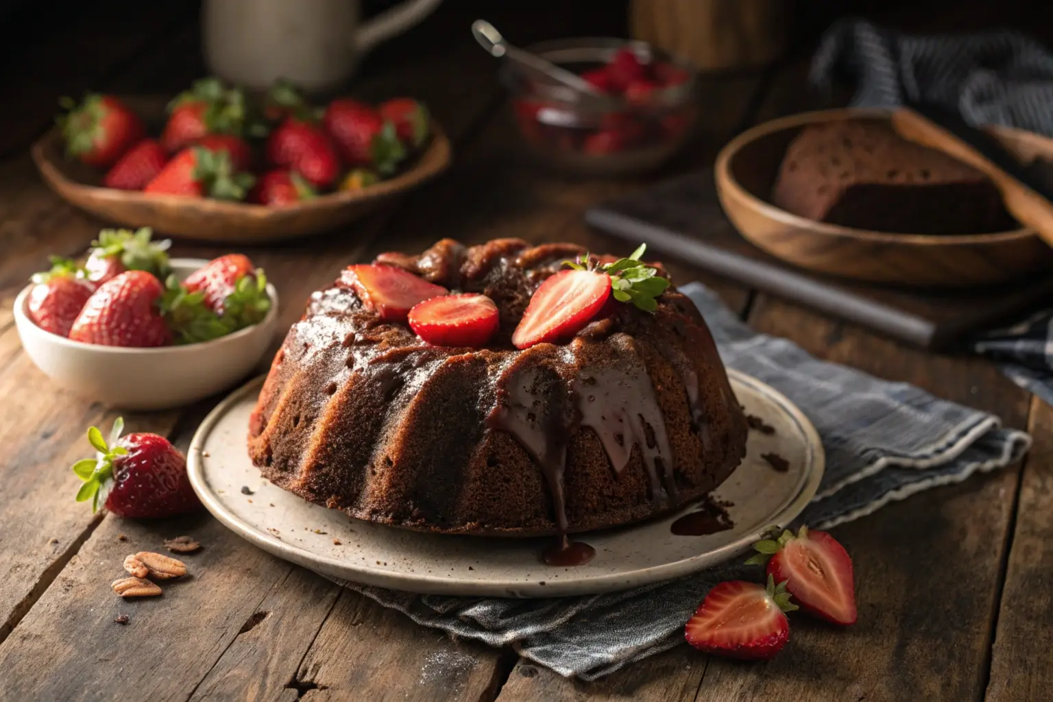 A freshly baked, moist chocolate cake with a glossy syrup glaze, garnished with fresh strawberries and served on a rustic wooden table with warm lighting.