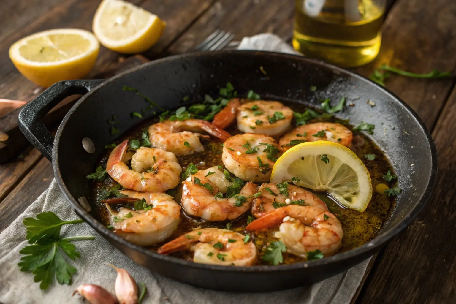 A skillet of shrimp sizzling in golden olive oil with garlic slices, garnished with fresh parsley and emitting aromatic steam.