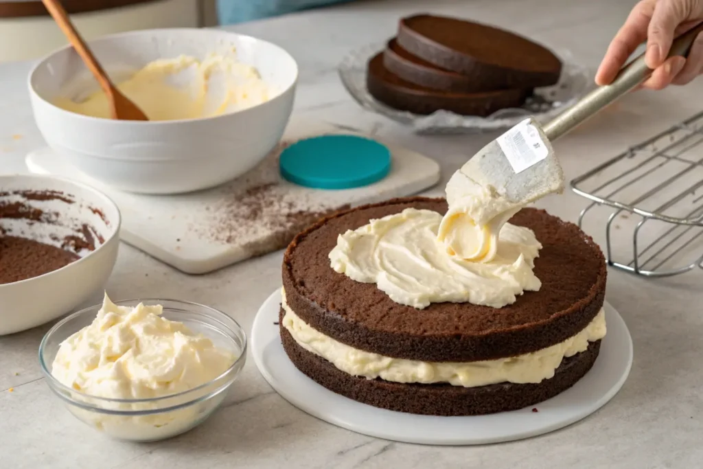 Step-by-step image of assembling Robert Redford cake, showing chocolate cake layered with creamy pudding and whipped topping, with baking tools in the background.