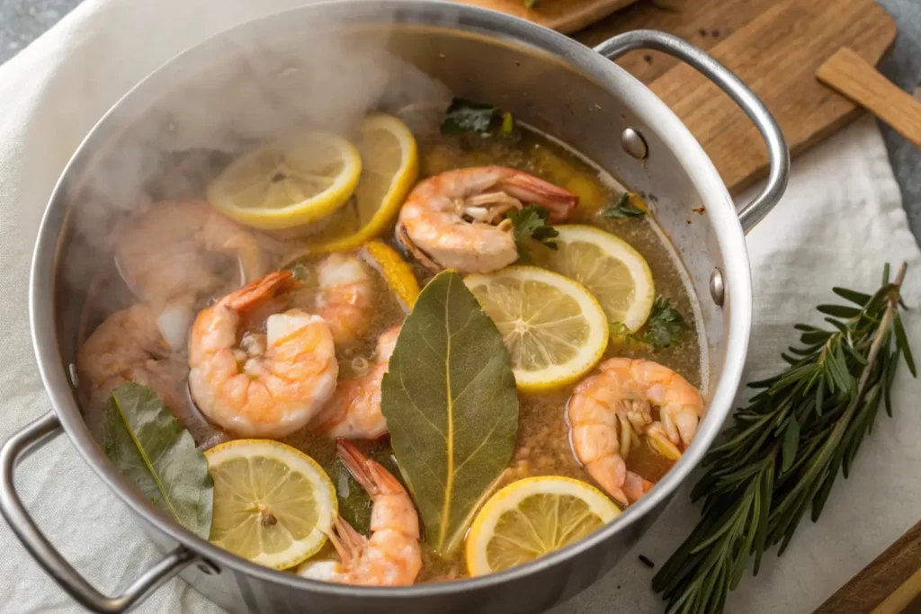 Shrimp being poached in a pot of flavorful broth with lemon slices, garlic cloves, and bay leaves, with steam rising from the surface.