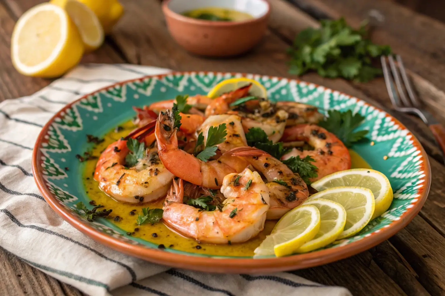 A vibrant plate of grilled shrimp garnished with fresh parsley and lemon slices, drizzled with olive oil, served on a rustic wooden table