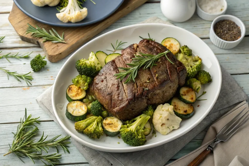 Air fryer beef roast with keto vegetables garnished with rosemary