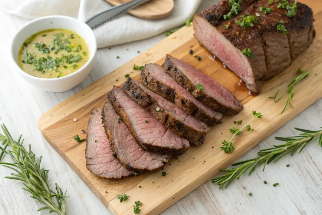 Sliced air fryer beef roast with keto garlic butter