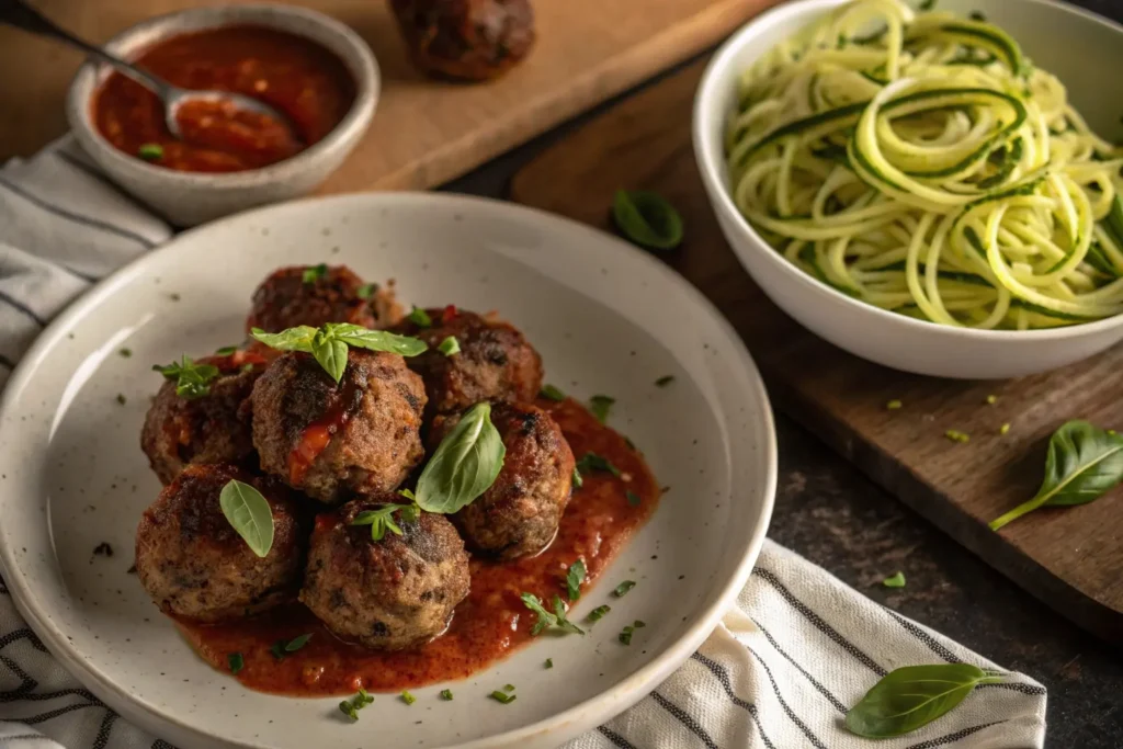 Keto beef meatballs with marinara sauce and zucchini noodles