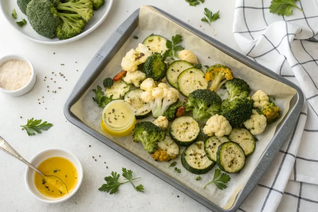 Air-fried keto vegetables with herbs and dipping sauce