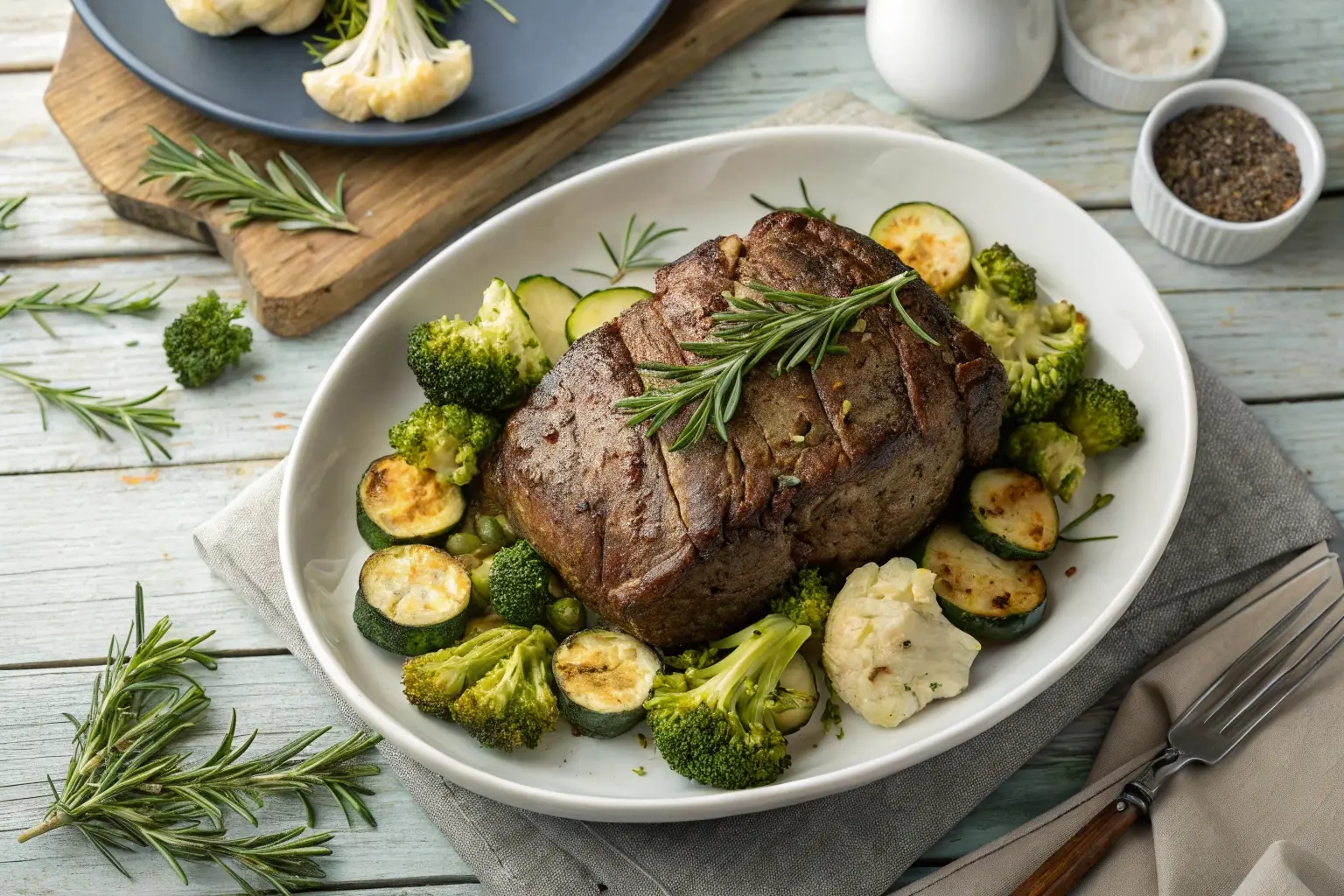 Air fryer beef roast with keto vegetables garnished with rosemary