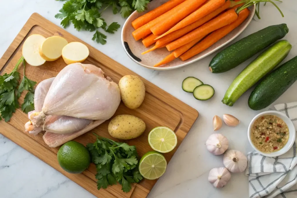 Fresh ingredients for caldo de pollo, including raw chicken, potatoes, carrots, zucchini, chayote, garlic, and cilantro on a wooden cutting board.