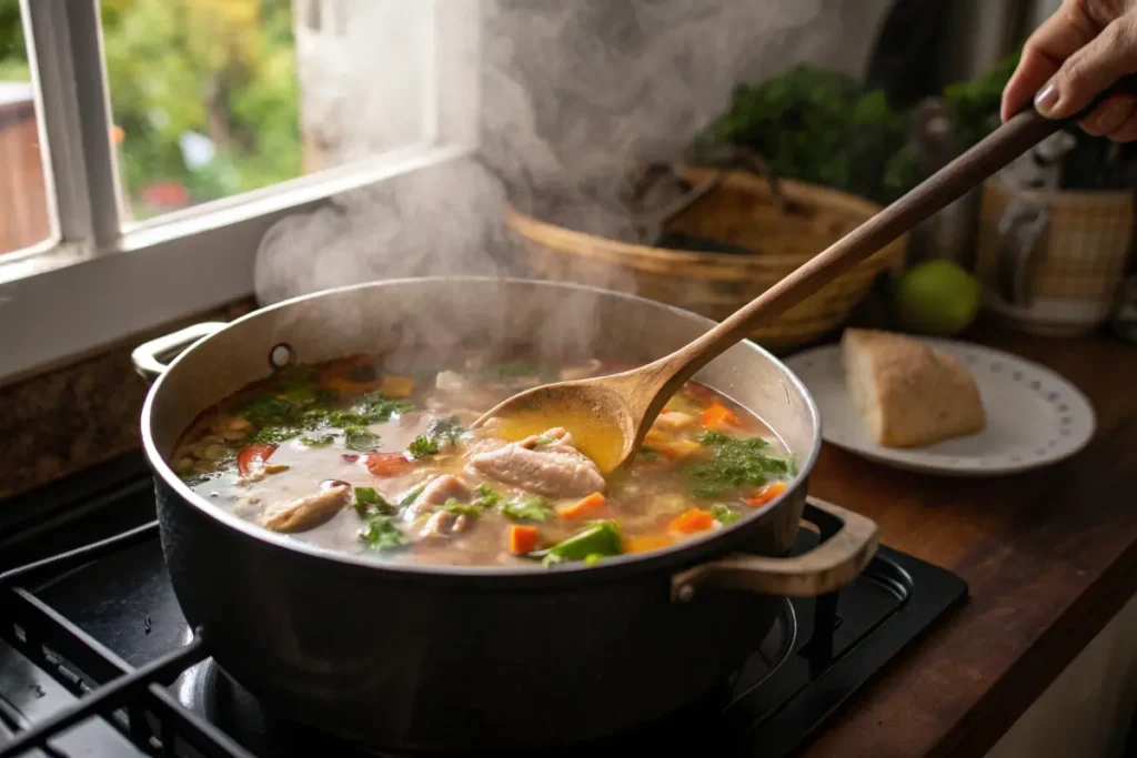 A steaming pot of caldo de pollo on the stove with a ladle stirring chicken, carrots, potatoes, and zucchini in the rich broth.