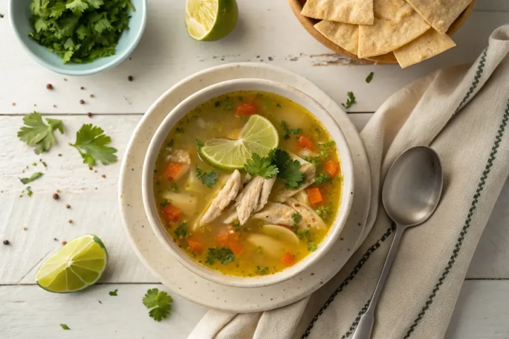 A bowl of caldo de pollo served with lime wedges, warm tortillas, and garnished with fresh cilantro for a comforting meal.
