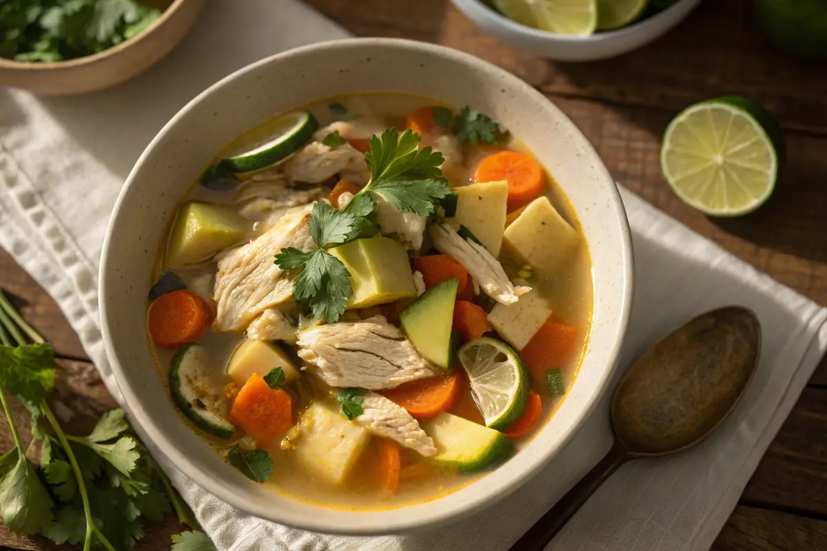 A bowl of caldo de pollo with chicken, carrots, potatoes, and zucchini, garnished with cilantro and lime wedges on a rustic table.