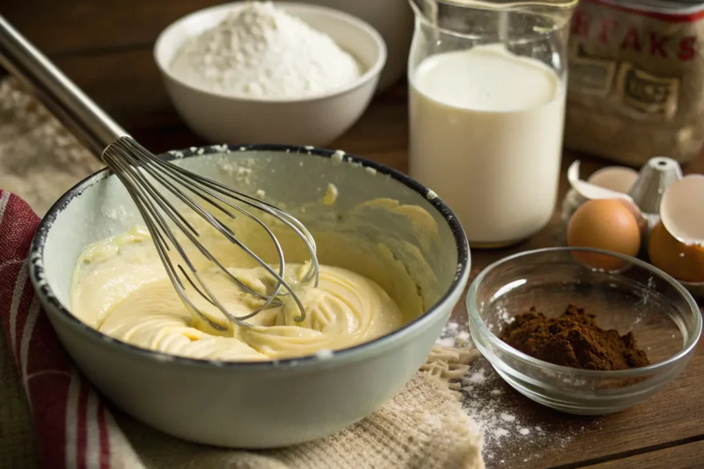 Close-up of a mixing bowl preparing creamy pudding for Robert Redford cake, with a whisk, milk, and pudding mix in a cozy kitchen setting.