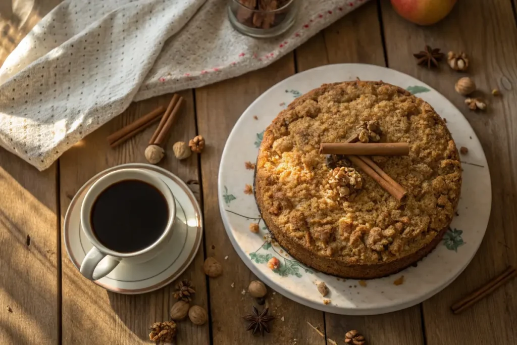 Whole coffee cake with golden oatmeal streusel topping, garnished with cinnamon sticks, served on a rustic table with coffee.