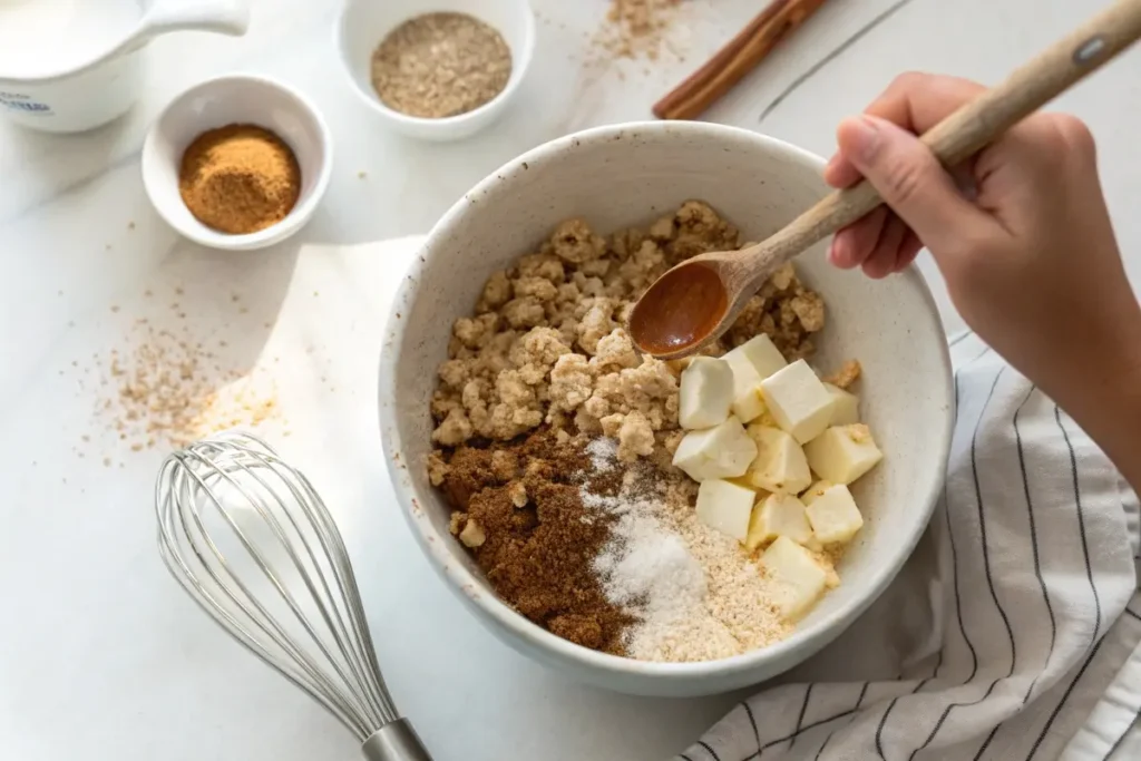 Mixing bowl with oatmeal, brown sugar, and cinnamon, incorporating cold butter cubes by hand with measuring spoons nearby.